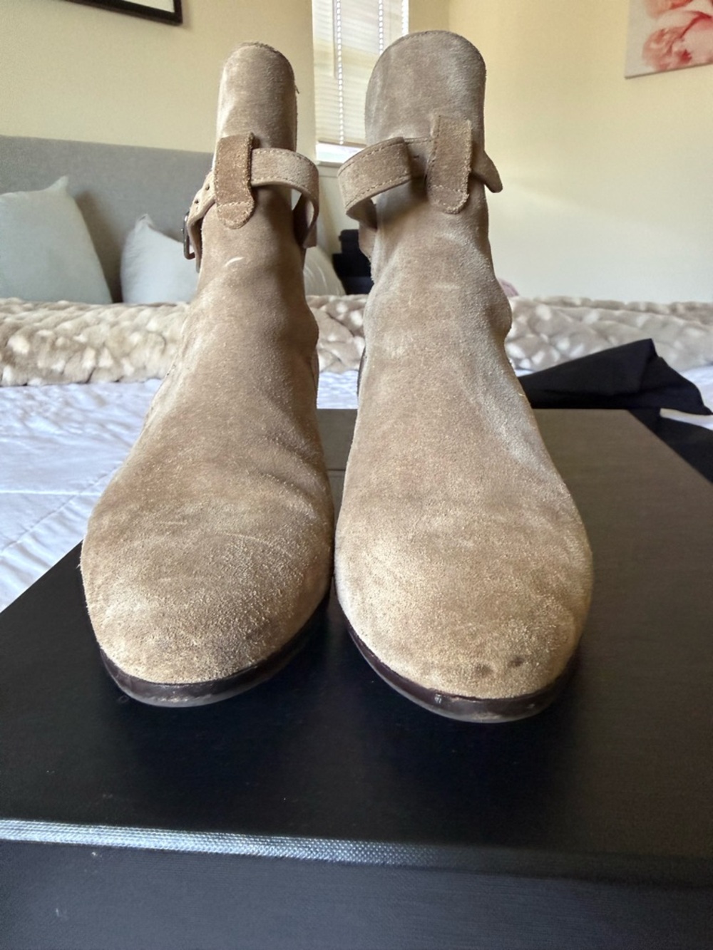 Saint Laurent Taupe Suede Ankle Boots with Buckle Strap - Picture 7 of 15